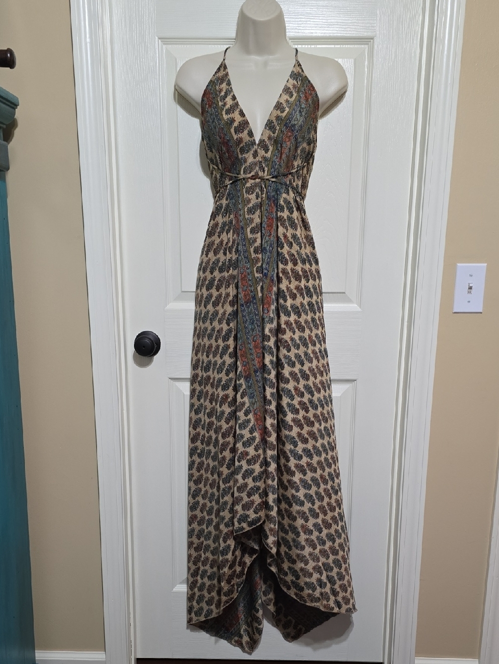 Boho Halter Maxi Dress in Beige and Navy/orange/turtoise